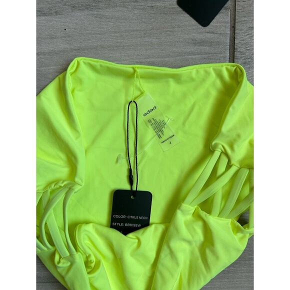 Y2K Bebe Two Piece Swimsuit With Rhinestone Logo Neon Yellow Size Large NWT - Picture 2 of 4